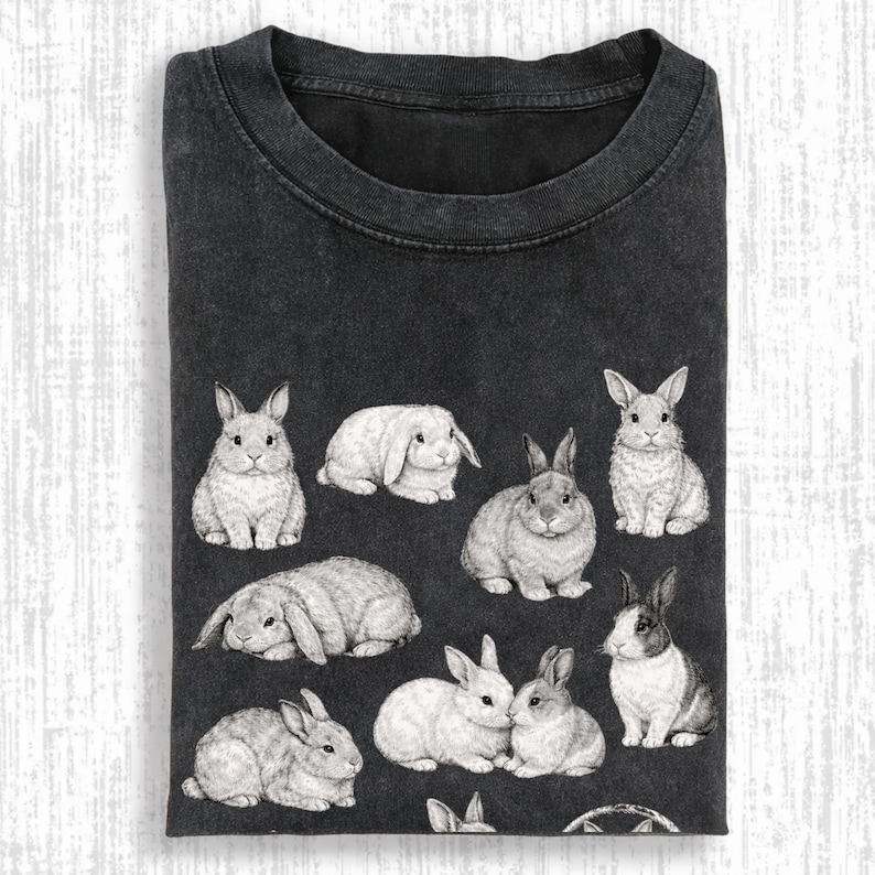Jaren 90 vintage tattoo-stijl shirt, retro comfort kleuren Y2k konijntje shirt, Cottage core Animal T-shirt, uniseks grafisch T-shirt afbeelding 1