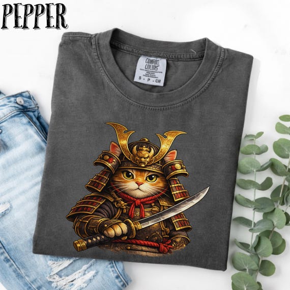 Comfort Colors® Samurai Cat Shirt, Japanese Warrior Cat T-Shirt, Anime Cat Samurai Graphic Tee, Vintage Style Cat Shirt, Gift for Cat Lovers