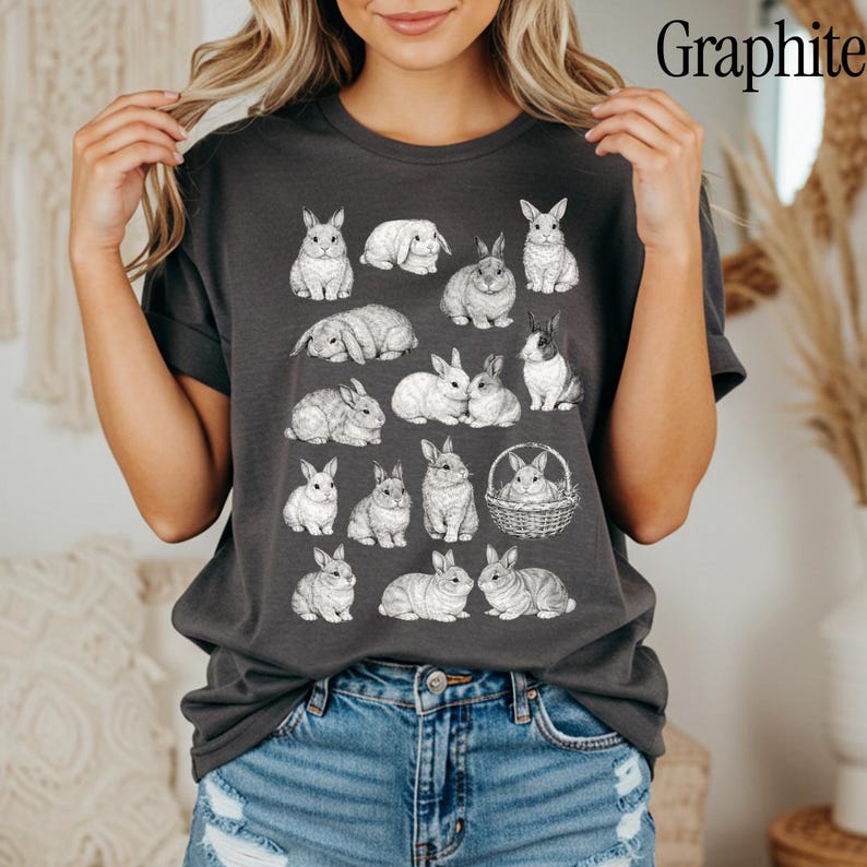 Jaren 90 vintage tattoo-stijl shirt, retro comfort kleuren Y2k konijntje shirt, Cottage core Animal T-shirt, uniseks grafisch T-shirt Graphite