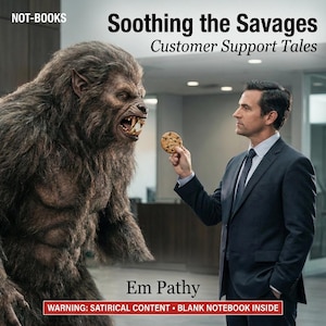 May include: Book cover for "Soothing the Savages: Customer Support Tales" by Em Pathy. The image features a man in a suit offering a cookie to a werewolf. The book cover includes the text "WARNING: SATIRICAL CONTENT • BLANK NOTEBOOK INSIDE."
