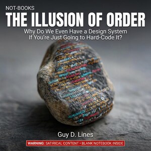 May include: A book cover with the title "THE ILLUSION OF ORDER" and the subtitle "Why Do We Even Have a Design System If You're Just Going to Hard-Code It?". The cover features a rock with colorful code printed on it. The author's name is Guy D. Lines.