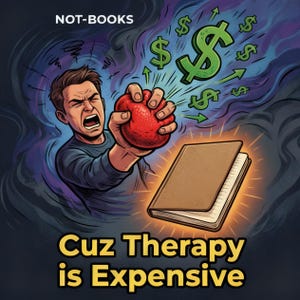 May include: Cartoon illustration featuring a person squeezing a red stress ball, with dollar signs and the text "Cuz Therapy is Expensive." A brown book with a glowing light is also in the image. The text "NOT-BOOKS" is at the top.