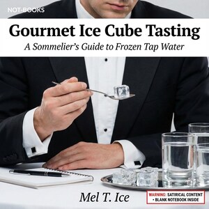 May include: A book cover titled "Gourmet Ice Cube Tasting: A Sommelier's Guide to Frozen Tap Water" with the author's name, Mel T. Ice. A person in a tuxedo holds a spoon with an ice cube. A tray with ice cubes and glasses of water are on the table.