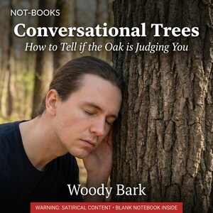 May include: A book cover with the title "Conversational Trees" and the subtitle "How to Tell if the Oak is Judging You." The author's name is "Woody Bark." A person is leaning against a tree. The cover includes the text "WARNING: SATIRICAL CONTENT • BLANK NOTEBOOK INSIDE."