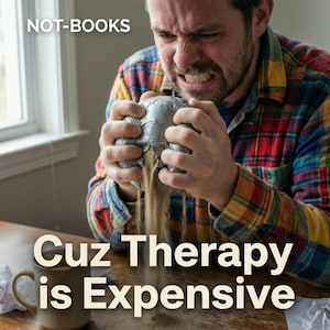 May include: An image showing a person squeezing a ball of grey duct tape, with sand spilling out. The text "NOT-BOOKS" is at the top, and "Cuz Therapy is Expensive" is at the bottom. The person is wearing a plaid shirt.