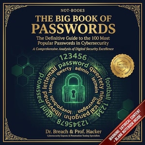 May include: A book cover with a dark blue background and gold text. The title reads "THE BIG BOOK OF PASSWORDS." The cover includes a graphic of a padlock and a list of common passwords. The book is a guide to cybersecurity.