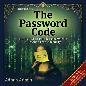 May include: A book cover titled "The Password Code" with the text "Top 100 Most Popular Passwords: A Notebook for Insecurity." The cover features a digital art design with a Mona Lisa-like figure holding a note with the number "12345".