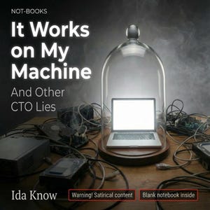 Może przedstawiać: Okładka książki z tytułem "It Works on My Machine" i podtytułem "And Other CTO Lies". Laptop znajduje się pod szklanym kloszem, otoczony komponentami komputerowymi i przewodami. Autorem jest Ida Know. Okładka zawiera tekst "Warning! Satirical content."