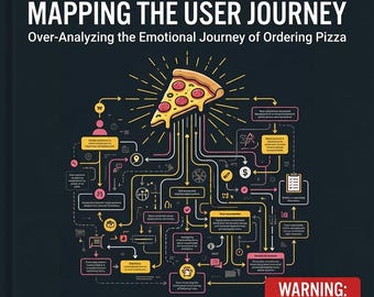 May include: A book cover with the title "MAPPING THE USER JOURNEY" and the subtitle "Over-Analyzing the Emotional Journey of Ordering Pizza." The cover features a pizza slice with radiating lines and a network diagram. Text includes "NOT-BOOKS," "Pier Sona," and a warning about satirical content.