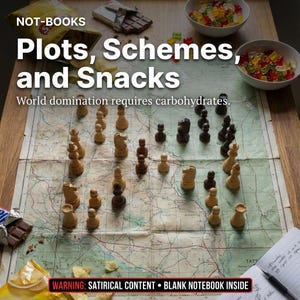 May include: A chess set arranged on a vintage map, with the text "Plots, Schemes, and Snacks." Snacks like chips, chocolate, and gummy candies surround the board. The text "World domination requires carbohydrates" is also visible.