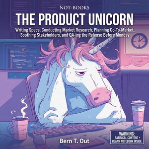 May include: A book cover illustration featuring a dejected unicorn at a desk with a keyboard, coffee, and a to-go cup. The title "THE PRODUCT UNICORN" is displayed above text about product development. The author's name is "Bern T. Out". A warning about satirical content is included.