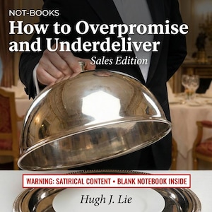 Può includere: Copertina di un libro con il titolo "How to Overpromise and Underdeliver" e il sottotitolo "Sales Edition". La copertina presenta una campana da portata d'argento che viene sollevata. Il nome dell'autore è Hugh J. Lie. La parte inferiore della copertina recita "WARNING: SATIRICAL CONTENT • BLANK NOTEBOOK INSIDE."
