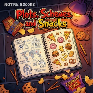 May include: An illustrated book titled "Plots, Schemes, and Snacks" with a spiral binding, open to a page of sketches. The image features cartoon food, a bag of chips, and the text "Crunchy Evil".