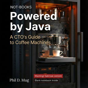 以下が含まれることがあります： 「Powered by Java」というタイトルと「A CTO's Guide to Coffee Machines」というサブタイトルが付いた本の表紙。画像には、サーバーラックの中にあるコーヒーメーカーが写っており、2つのカップから蒸気が上がっています。著者はPhil D. Mugです。