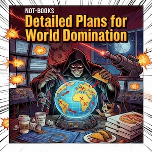 Puede incluir: Ilustración estilo cómic con el texto "NOT-BOOKS Detailed Plans for World Domination". Una figura encapuchada con ojos rojos brillantes apunta un láser a un globo terráqueo. La escena incluye un robot, pizza, tacos y un gato.