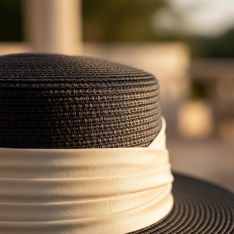 May include: A close-up of a black straw hat with a wide brim and a cream-colored band. The hat has a textured weave and is likely designed for sun protection. The hat's design is simple and elegant.