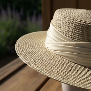 May include: A beige woven sun hat with a wide brim and a cream-colored satin ribbon wrapped around the crown. The hat is sitting on a wooden surface, with a blurred green background.