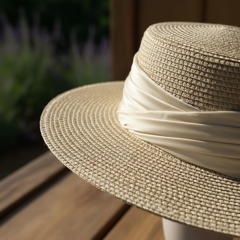 May include: A beige woven sun hat with a wide brim and a cream-colored satin ribbon wrapped around the crown. The hat is sitting on a wooden surface, with a blurred green background.