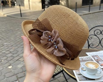Sombrero cloche vintage floral de verano para mujer, elegante sombrero protector solar, regalo de San Valentín, regalo para la madre, accesorio de moda de Año Nuevo.
