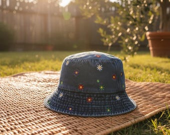 Sombrero de pescador de mezclilla bordado con estampado floral, sombrero de pescador informal para el sol, regalo de San Valentín para ella, regalo para mamá, sombrero de uso diario de Año Nuevo