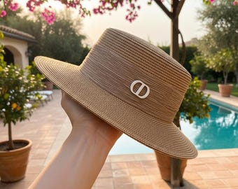Sombrero de paja de copa plana para mujer, sombrero canotier de verano con protección UV, elegante sombrero de ala ancha, regalo de San Valentín para ella, regalo del Día de la Madre