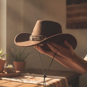 Puede incluir: Un sombrero de vaquero de fieltro marrón con ala ancha y una banda decorativa adornada con pequeños dijes metálicos en forma de moneda y patrones tejidos intrincados. Un cordón negro para la barbilla con un ajuste cuelga del sombrero.