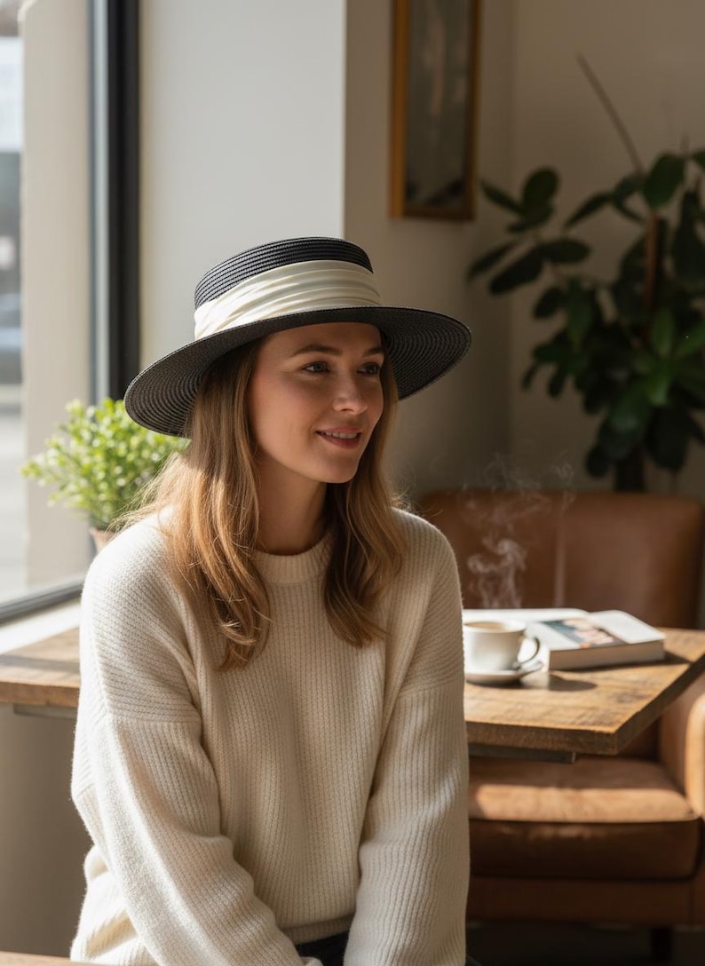 May include: A black and white fedora-style hat with a cream-colored band. The hat is worn by a person wearing a cream-colored sweater. The background includes a wooden table, a coffee cup, and a plant.