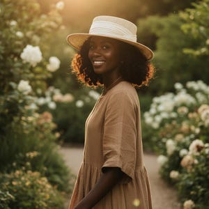 May include: A woman wearing a tan dress and a straw hat with a white band smiles in a garden. The dress has short sleeves and a flowing skirt. The hat has a wide brim. The background features white flowers and greenery.