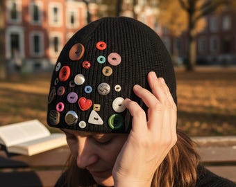 Gorro de punto con botones coloridos para otoño e invierno, cálido gorro con orejeras, regalo acogedor para mamá, regalo de San Valentín y Año Nuevo.