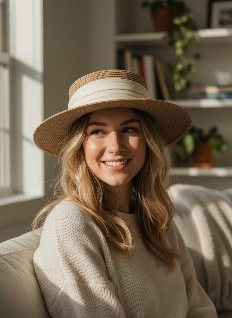May include: A straw hat with a wide brim and a cream-colored band. The hat is tan and cream-colored, and is worn by a person with blonde hair. The person is wearing a cream-colored sweater.