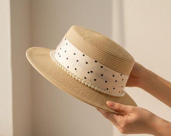Sombrero de paja con lunares perlados para mujer, sombrero para el sol, regalo romántico de San Valentín, regalo para el Día de la Madre, sombrero ligero para vacaciones en la playa.