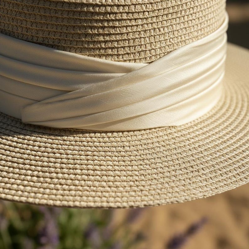 May include: A close-up of a straw hat with a wide brim and a cream-colored satin band. The hat is made of woven straw and has a classic, elegant design. The band is wrapped around the crown of the hat.