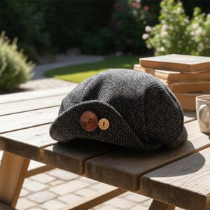 Könnte beinhalten: Eine dunkelgraue Tweed-Newsboy-Mütze mit runder Krone und kleinem, gebogenem Schirm. Zwei große, runde Holzknöpfe zieren den Schirm. Die Mütze liegt auf einem Picknicktisch aus Holz.