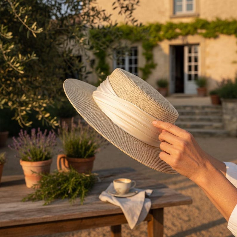 May include: A beige sun hat with a wide brim and a white ribbon band. The hat is held up by a person's hand. The hat is on a wooden table with a cup of coffee and potted plants in the background.