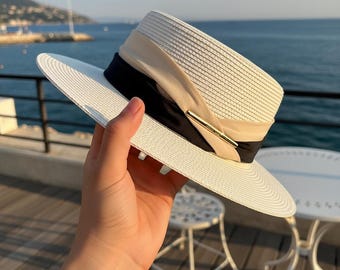 Sombrero canotier francés de copa plana para mujer, elegante sombrero para el sol de verano, estilo clásico y chic para dama, ala ancha, regalo de vacaciones para mamá