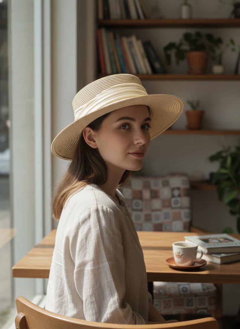 May include: A beige straw hat with a cream-colored band. The hat has a wide brim and a rounded crown. The hat is worn by a person in a light-colored blouse. The background includes a wooden table, books, and a coffee cup.