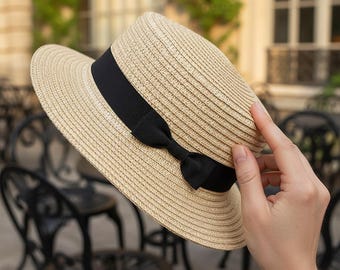 Sombrero de paja vintage de copa plana para mujer, clásico sombrero estilo canotier con detalle de lazo, elegante regalo de San Valentín para ella, regalo para el Día de la Madre.