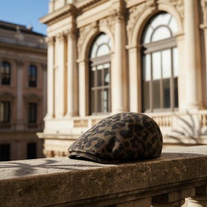 Può includere: Un berretto piatto marrone e nero con stampa leopardata è appoggiato su un davanzale in pietra. Il berretto ha una corona arrotondata e una visiera corta e rigida. Sullo sfondo, un edificio classico.
