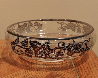 Bol de cristal antiguo con revestimiento de plata y motivo de vid, estilo Art Nouveau/Art Deco.