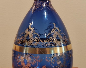 Decantador decorativo de cristal azul cobalto Vecchia Murano vintage con baño de oro de 24k, sin tapón.