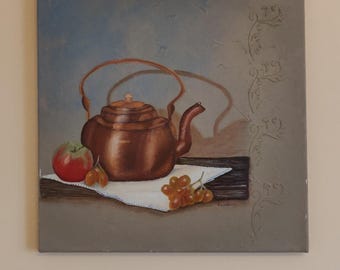Pintura contemporánea al óleo sobre lienzo con textura de impasto, hecha a mano, que representa una tetera de cobre y frutas, obra de Rosaleen.