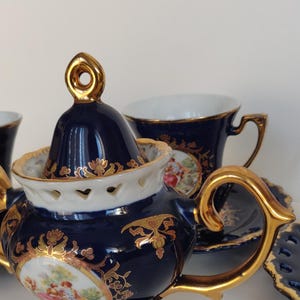 Rare Vtg Hand-Painted European Victorian/Rococo Revival Gilded Cobalt-blue Porcelain Demitasse Coffee/Tea Set with Romantic Courting Scene