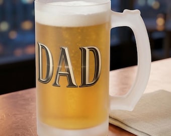 DAD Frosted Glass Beer Mug Typography Dadlife Fathers Day Gift for him