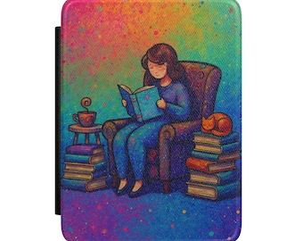 Cozy Reader Kindle Case | Girl Reading, Books & Cat, Book Lover gift