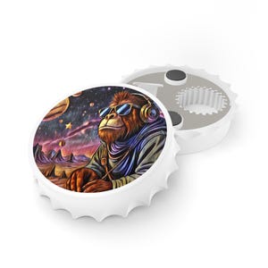 May include: A white bottle opener with a colorful illustration of an ape wearing sunglasses and headphones, set against a space-themed background. The opener is round with a jagged edge and a magnetic back.