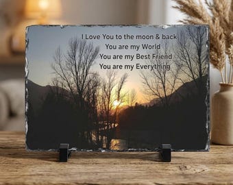 I Love You to the Moon & Back Slate Plaque | Sunset River Tree Silhouette keepsake