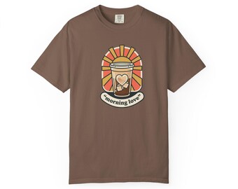 Morning Love Iced Coffee Cup T-Shirt Retro Sunrise Coffee Illustration