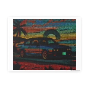 May include: A digital art print featuring a blue car on a road with a sunset backdrop. The artwork uses a pixelated style, with a palm tree silhouette and a vibrant sky in shades of orange, yellow, and blue.