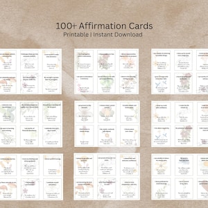 May include: A collection of 100+ affirmation cards, each with a unique positive statement and floral design. The cards are arranged in rows and columns, with the text "100+ Affirmation Cards" at the top. The cards are printable and available for instant download.