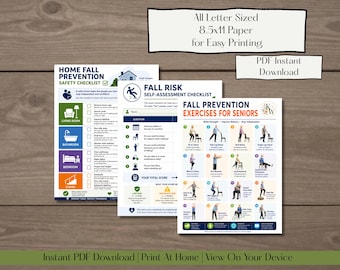 Prevención de caídas en personas mayores, ejercicios de equilibrio, lista de verificación de seguridad en el hogar, guía para cuidadores, evaluación de riesgos de caídas, PDF imprimible sobre bienestar para personas mayores